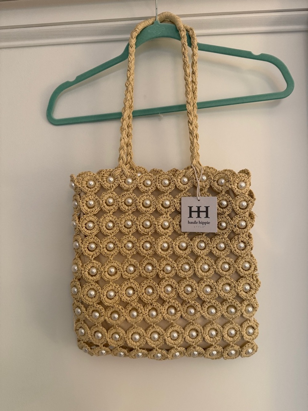 Haute Hippie Gold Crochet Pearl-Embellished Tote